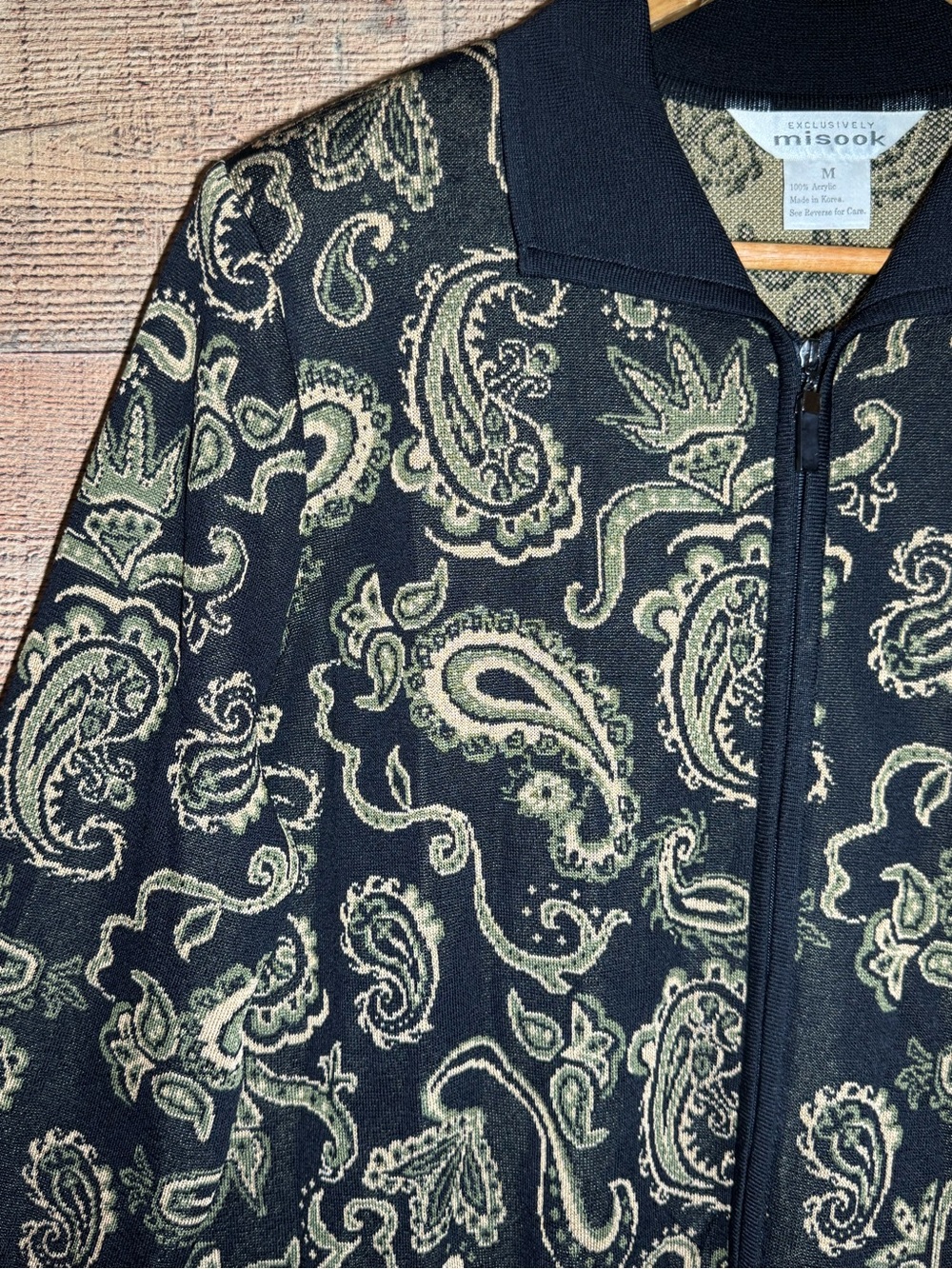 Vintage Exclusively Misook Black Tan Green Paisley Full Zip Cardigan size Medium - Picture 3 of 7